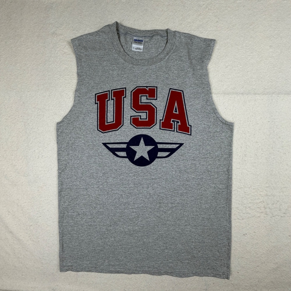 Gildan Ultra Cotton Mens USA Muscle Tee Gray Sleeveless Shirt Medium